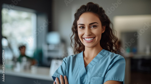 Female dentist smiling in the background of a dental office. Created with Generative AI technology.