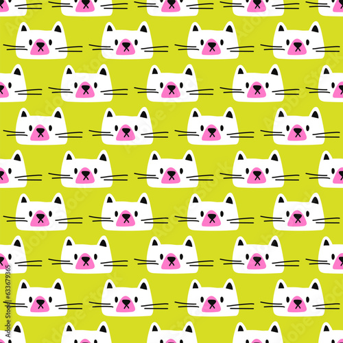 Simple cute cat pattern. Seamless vector pattern with white and pink cat heads on green background