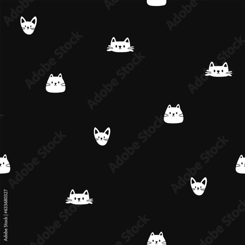 A simple cute cat pattern. Seamless vector pattern with white cat heads on black background.