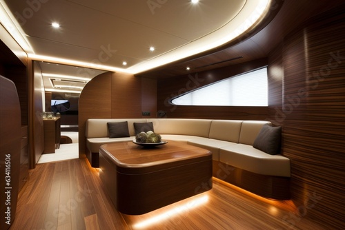 Contemporary yacht interior featuring wooden furniture and sleek lighting. Generative AI