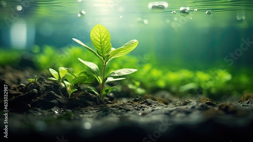 half underwater, macro photography, stream of fresh water, young green plant, outdoor springtime