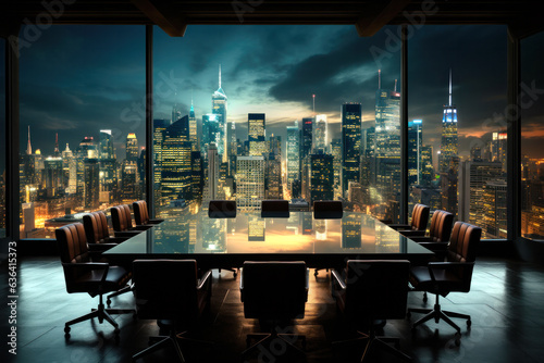 An empty boardroom in an office with a great view of a big city at night.