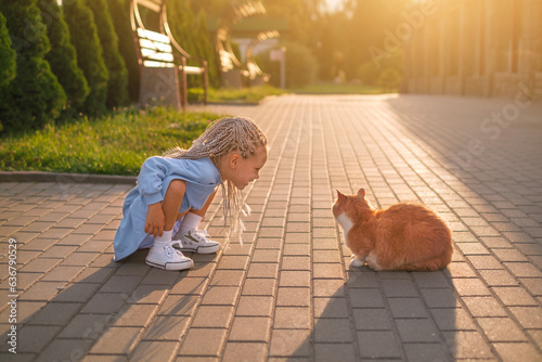 A curious girl with pigtails is sitting in front of a red homeless cat looking into his eyes. Love for animals and nature since childhood. A child walks through the city streets at sunset