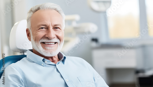 smiling older adult man is sitting in his dentist chair