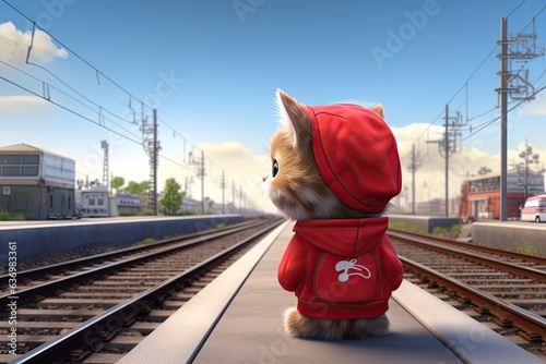 3d cartoon style illustration with a sad tiny kitten missed the train