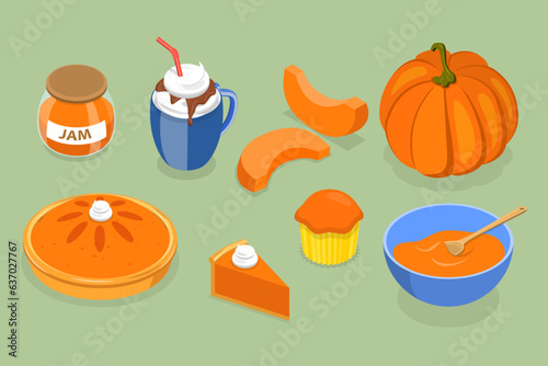 3D Isometric Flat Vector Set of Pampkin Products, Autumn Traditional Foods
