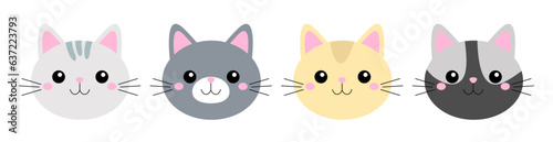 Four cat face icon set line. Cute kitten head body silhouette. Different colors. Funny kawaii cartoon baby character. Happy Valentines Day. Sticker print template. Flat design. White background.