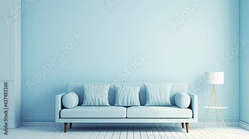 Plain monochrome pastel blue furnished room with light background. Copy space for web pages, presentations, or picture frames. .