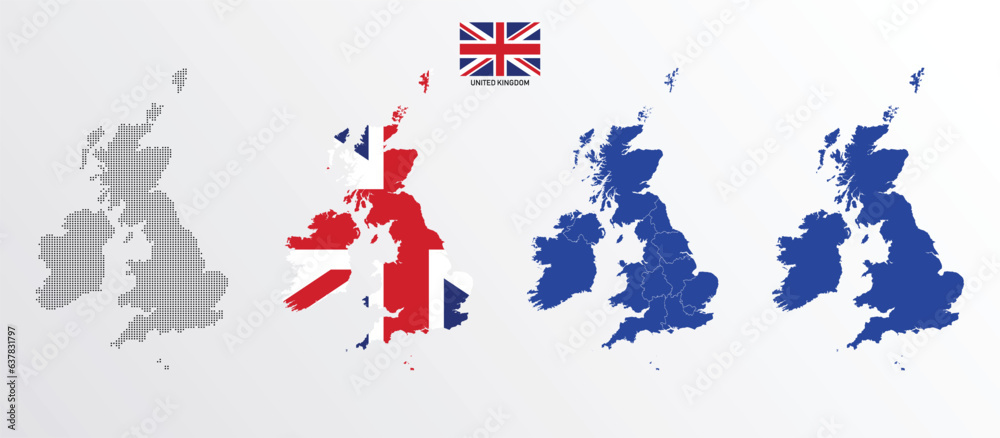 Set Of Political Maps Of United Kingdom With Regions Isolated And Flag