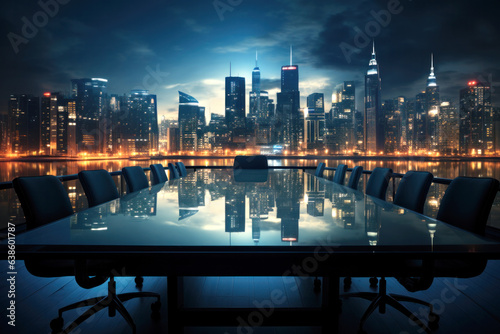An empty board table on the terrace of an office with a great view of a big city at night.