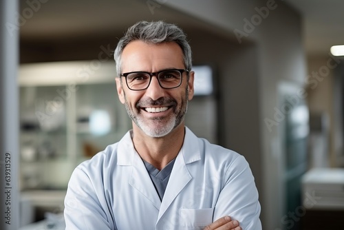 Portrait of a smiling mature male doctor holding a cup of coffee
