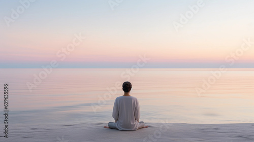 individual meditating at sunrise on a pristine beach, calm sea, pastel sky with first light of dawn, minimalist aesthetic