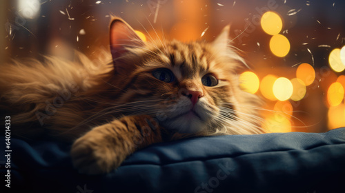 a cat against fireworks background, Greeting card design, Happy new year, Generative AI