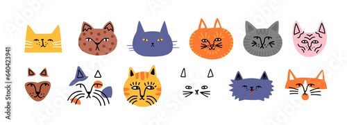 Funny cat animal head cartoon set in modern flat illustration style. Cute kitten pet collection, diverse breeds - domestic cats bundle.	