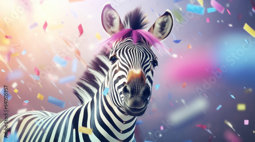 Happy zebra smiling with flying confetti. Birthday concept