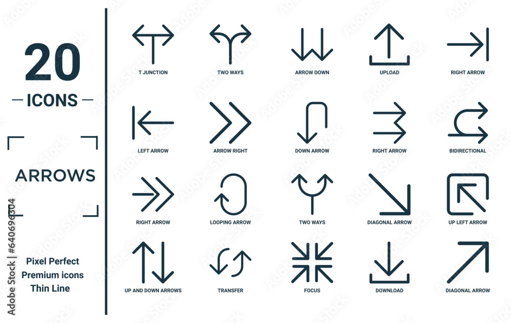 Arrows Linear Icon Set Includes Thin Line T Junction Left Arrow