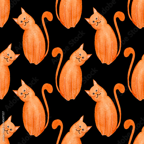 Watercolor seamless pattern, cute ginger cats on black background. For various products, animals products, wrapping etc.