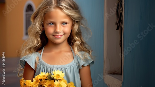 A beautiful little girl with curly hair in a dress holds a bouquet of flowers in her hands. Close-up of the girl's face. Illustration for cover, postcard, postcard, interior design, decor or print.