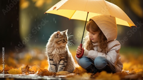 A little girl holding an umbrella next to a cat
