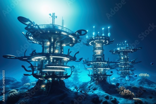 A futuristic city underwater at the bottom of the ocean.