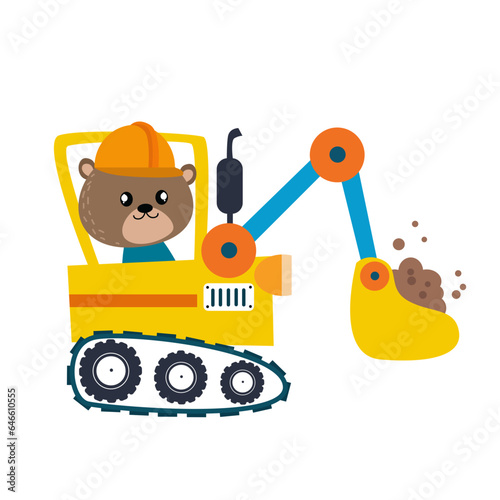 Vector construction equipment cartoon with animal the excavator driver