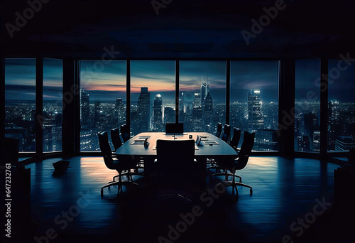 Corporate Conference Room in front of city view at evening