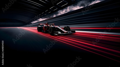 The racing formula on a speedway, red and black color motion. Racing car in motion.The illustration with red and black lights, a car, and a road. Generative AI.