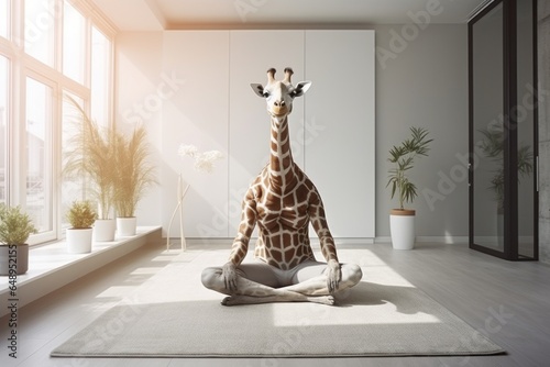 Giraffe sitting with crossing legs in position for meditation. An abstract concept with wild animals as a human. Creative unusual scene.