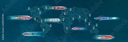 AI Cargo ship technology. Global Logistics international delivery concept, World map logistics and supply chain network distribution container Ship running for export import to customs ocean 