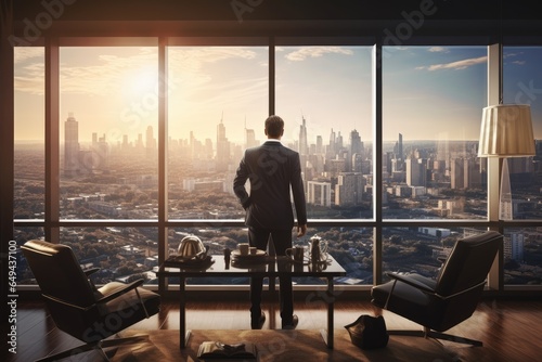man in office standing in front of a big window overlooking a city Generative AI