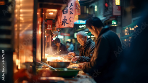 Asian people eating dinner at street food market outdoor - Travel and culture concept - Model by AI generative
