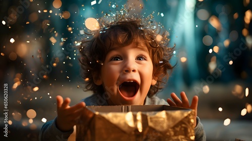 child surprised and excited with christmas gift