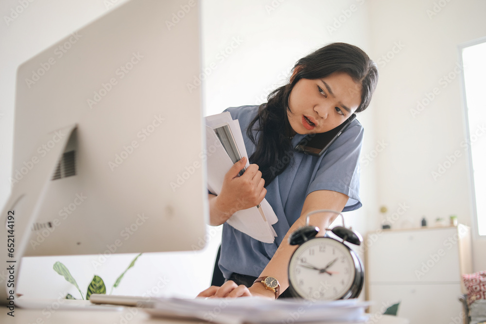 Busy Business Woman Working Hard On Her Desk In Office With A Lot Of