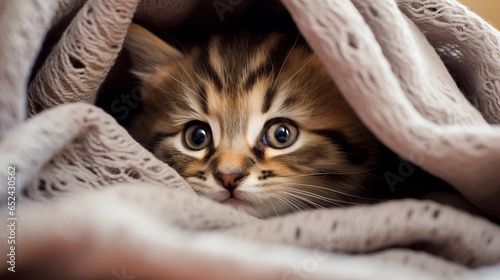 closeup view of cute and adorable fluffy baby kitten peeking out from a blanket in happy mood, lovely zoomed shot of animal.