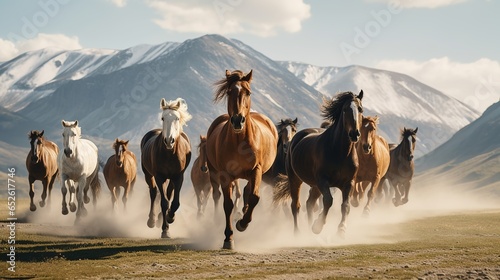 A herd of wild horses is running. Side view, a wild horse is running powerfully in front of the herd, the leader looks back at his subordinate. Natural background and mountains