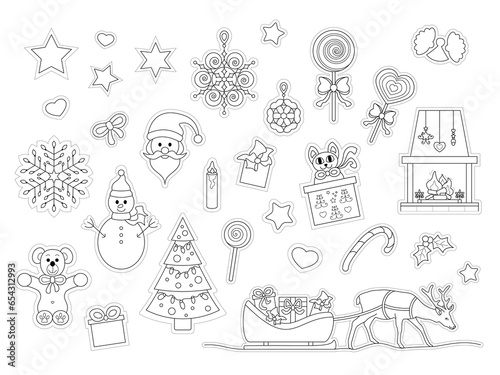 Set of characters and decor. Christmas theme. To color and cut out. Vector illustration.