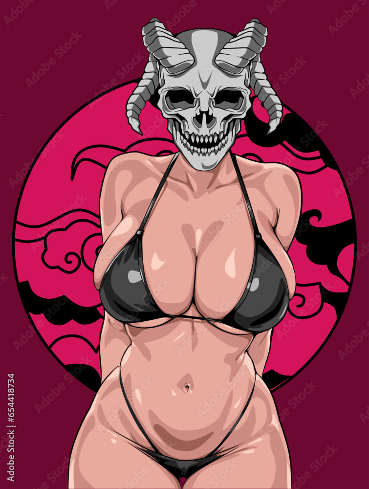 Beautiful Illustration Of Woman Devil Head In Black Bikini Logo Design