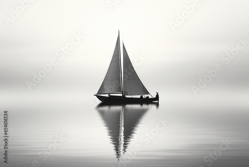 sail boat over calm water, in the style of light white and gray
