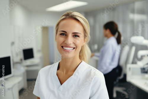 Caucasian blonde dentist woman smiling while standing in dental clinic