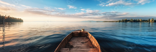 Calm lake with morning skies above, view from wooden boat - wide banner photo. Generative AI