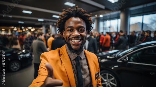 Smiling african american man with afro hairstyle in yellow jacket standing in auto show.