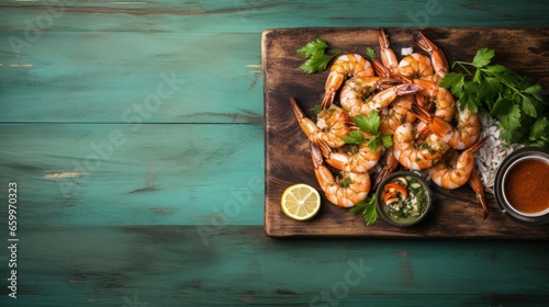 Over head view of an appetizing shrimp platter with copy space on grungy green painted wooden boards