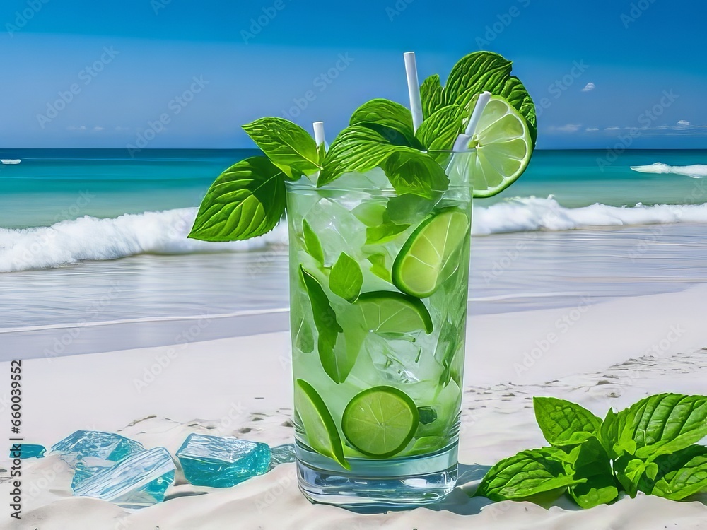 Un Refrescante Vaso De Mojito Lleno De Hielo Y Adornado Con Hojas De