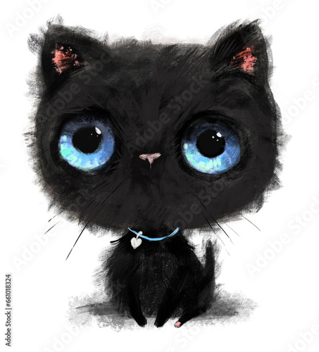 Cute black cat kitten with blue eyes adorable playful cartoon watercolor hand drawn illustration for postcards, poster, baby shower isolated on white background.