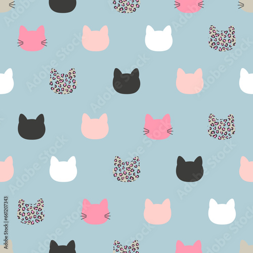 Seamless cute cats pattern. Vector illustration with cat heads. Childish print