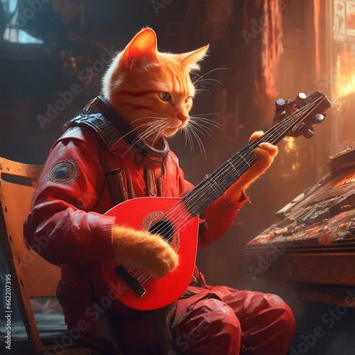 a ginger cat in an astronaut costume playing the domra