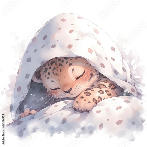 A sleepy baby leopard in a bedding, watercolor illustration.