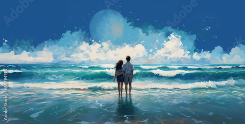 surfer on the beach, a image of the turquoise blue sea and a couple hold each other hand