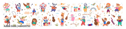 Musical dancing animals big set. Funny cute wild animal. Dancing animals playing on different music instruments. Musicians and dancers festival kid party. Cartoon animal play music. Vector characters