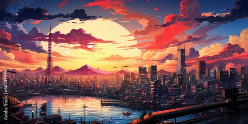 90's Japanese animation style city view, retro concept illustration